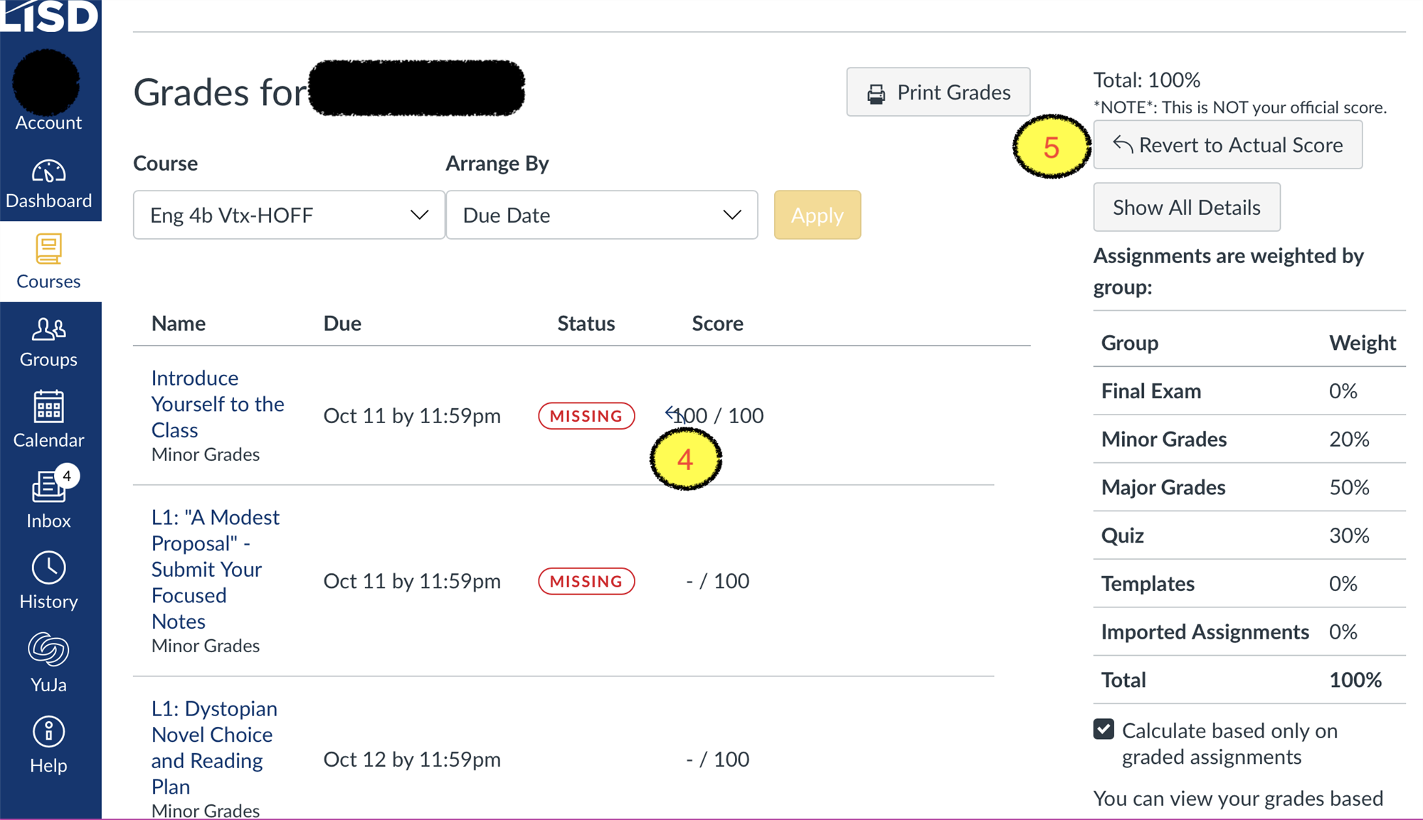 Screen capture of a student's view of Canvas grades to revert back to original