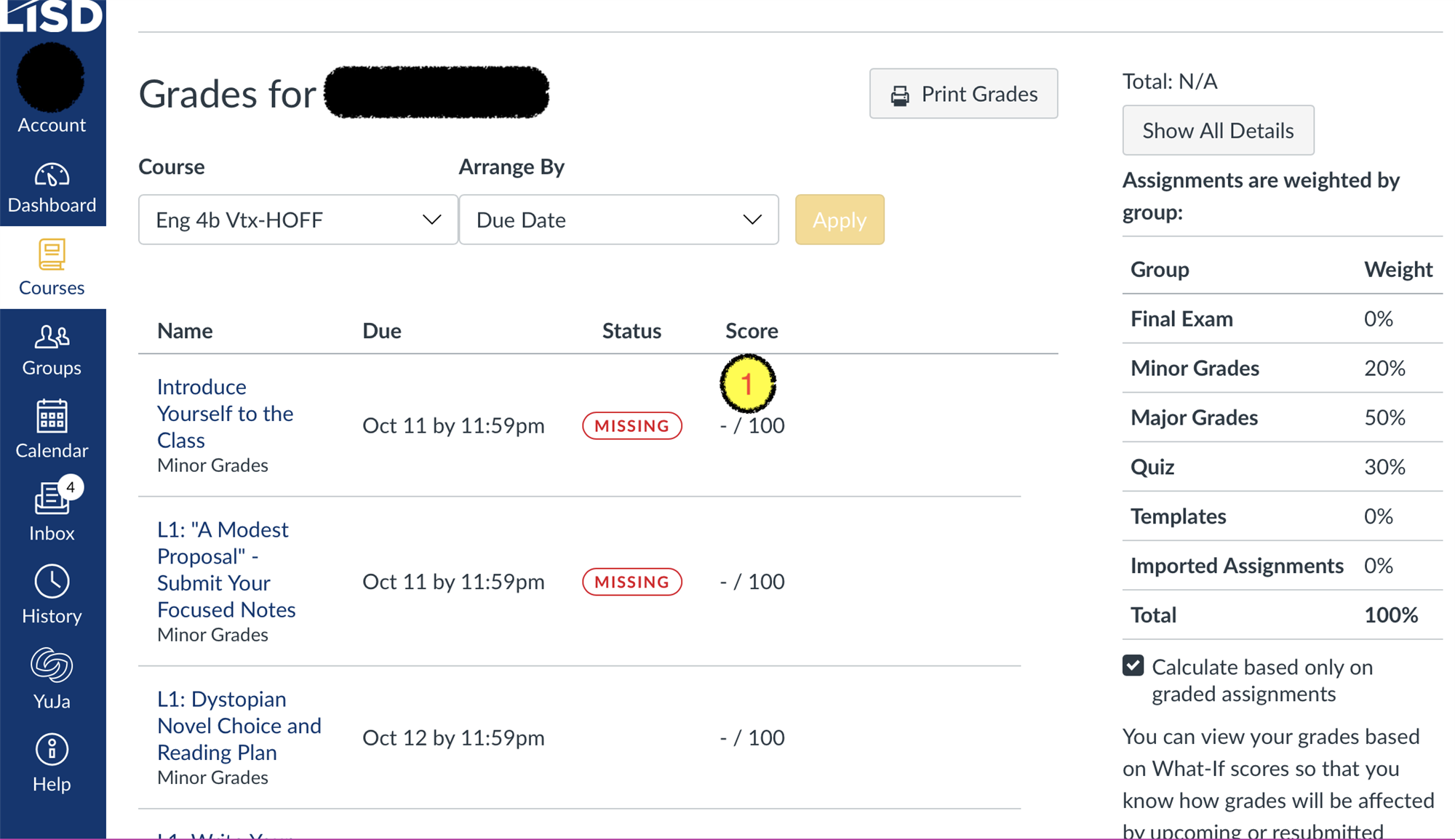 Screen capture of sample student grade Canvas view
