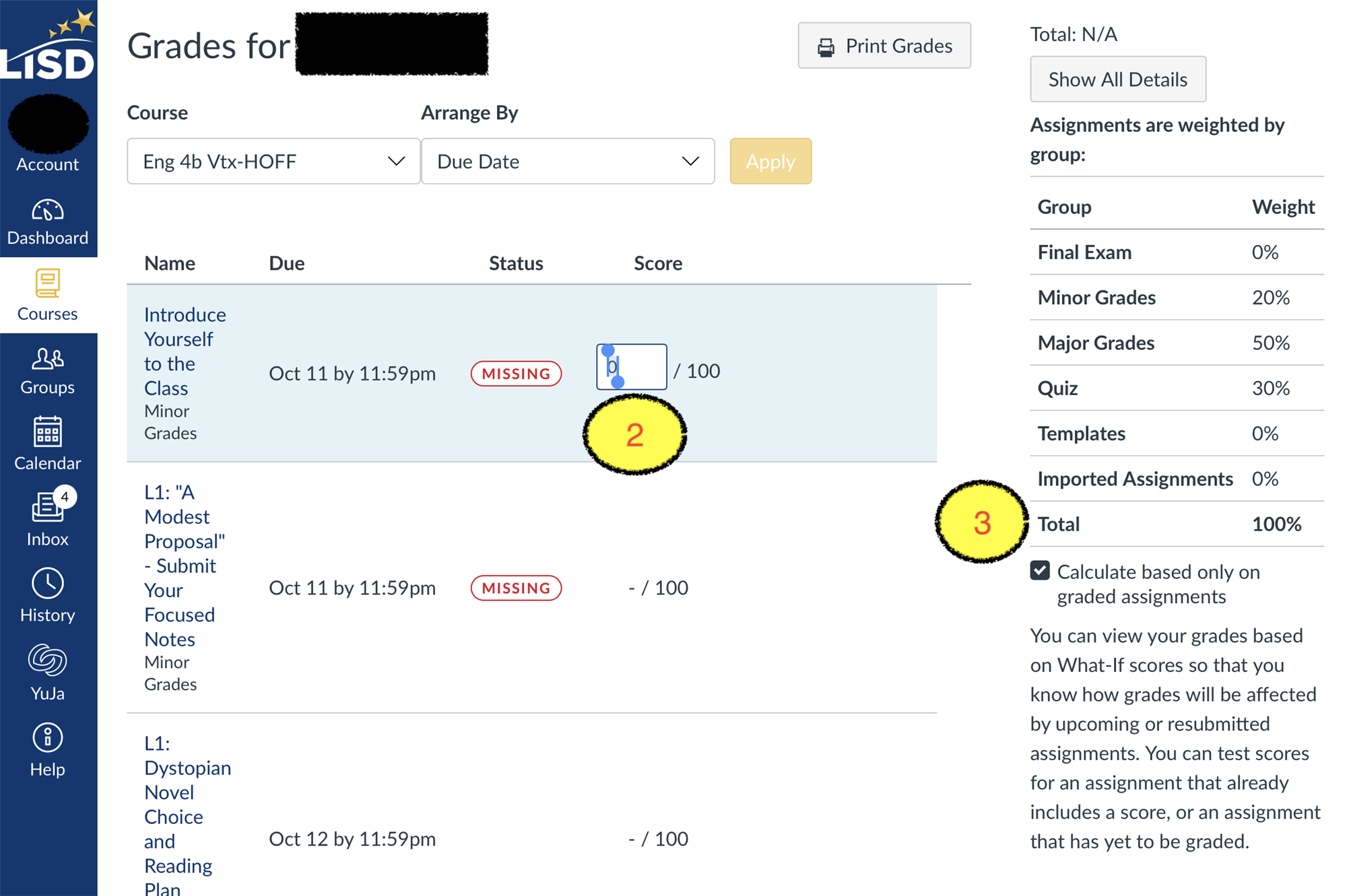 Screen capture of a student grade Canvas view with the What If grade option highlighted