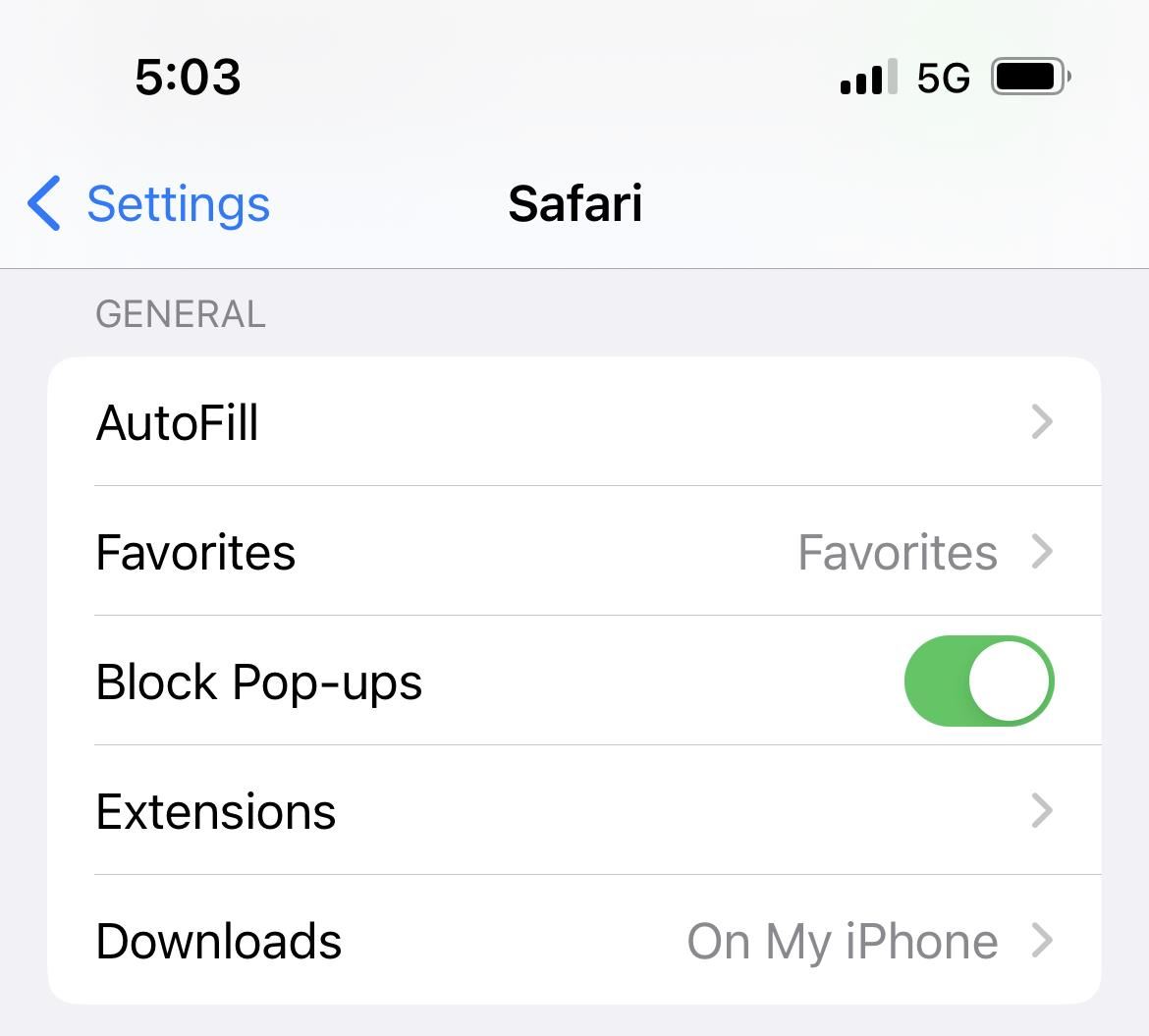 iPhone Safari Settings Pop-up Blocker On