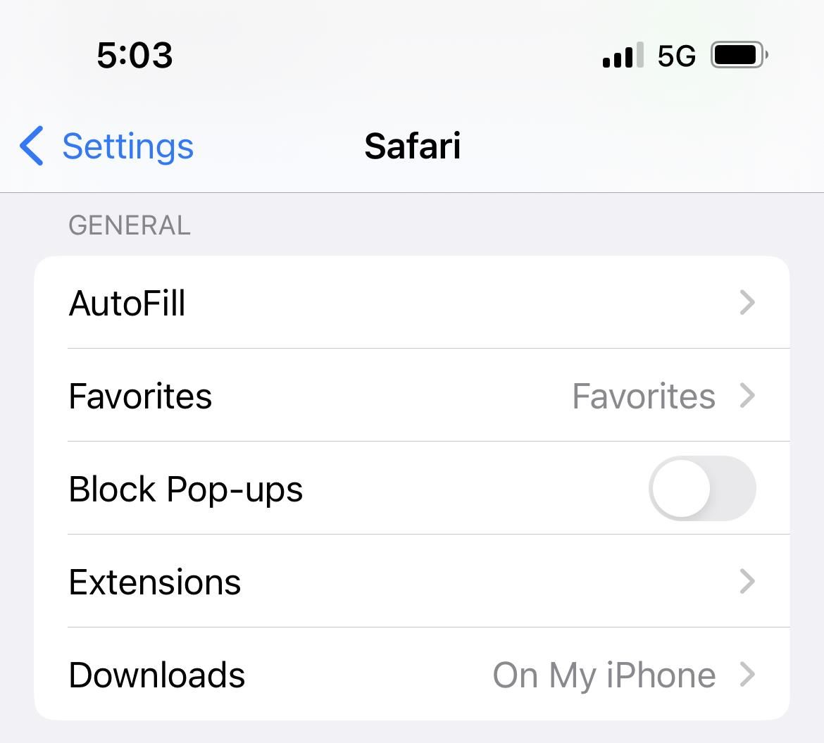 iPhone Safari Settings Pop-up Blocker Off