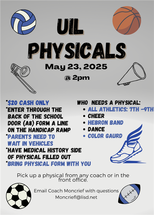UIL Physicals May 23rd 2 p.m. $20 Cash